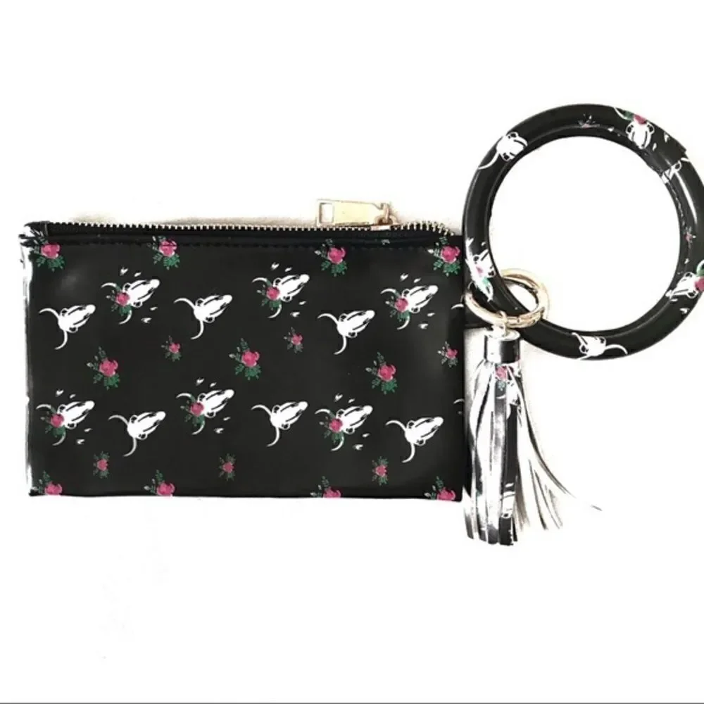 Western Skull Floral Print Wristlet Clutch